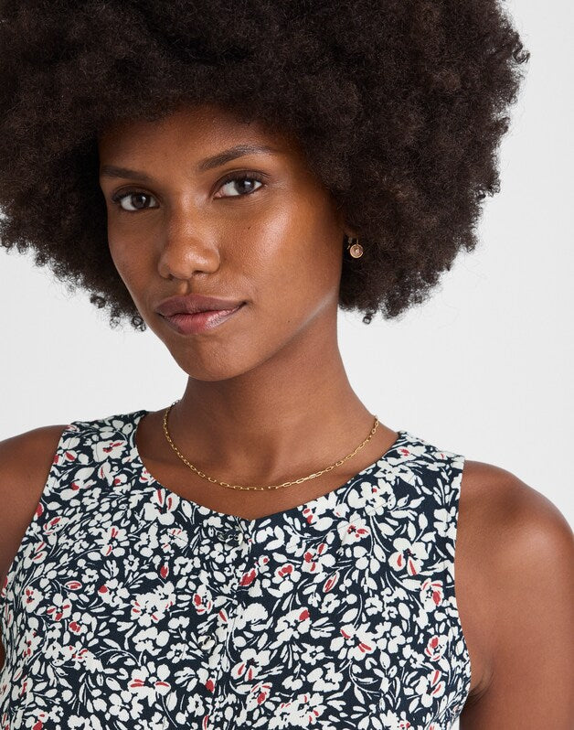 Button-Front Boatneck Mini Dress in Floral AMANDA FLORAL NAVY
