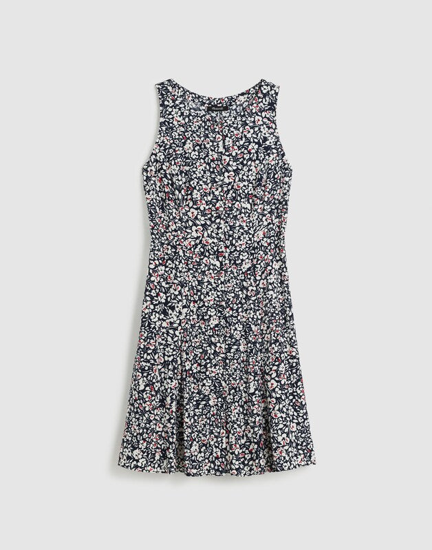 Button-Front Boatneck Mini Dress in Floral AMANDA FLORAL NAVY