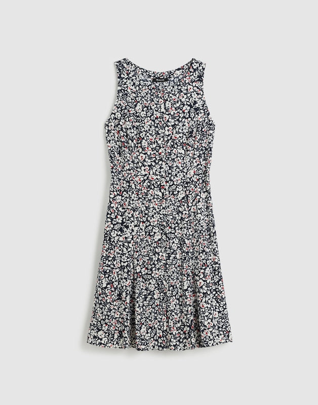 Button-Front Boatneck Mini Dress in Floral AMANDA FLORAL NAVY