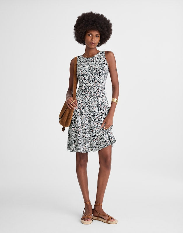 Button-Front Boatneck Mini Dress in Floral AMANDA FLORAL NAVY