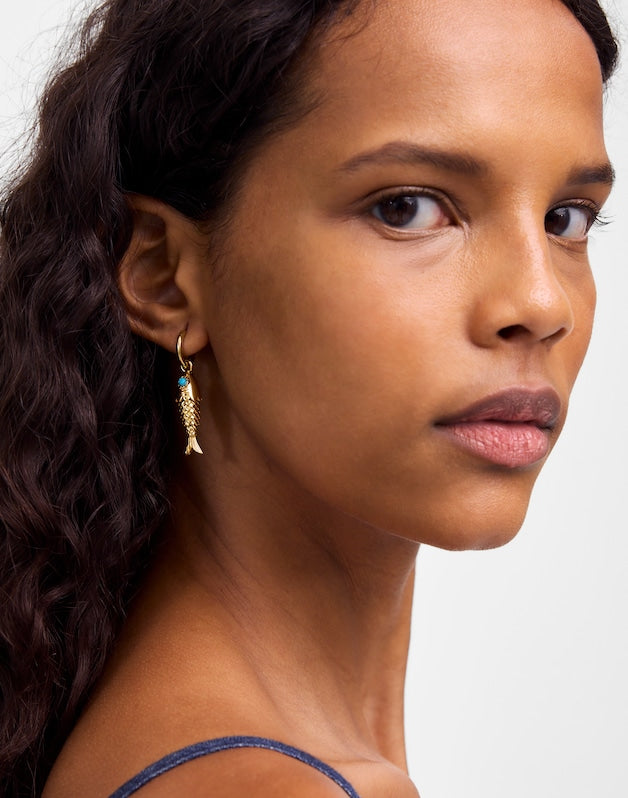 Fish Charm Huggie Hoop Earrings ANTIQUE GOLD