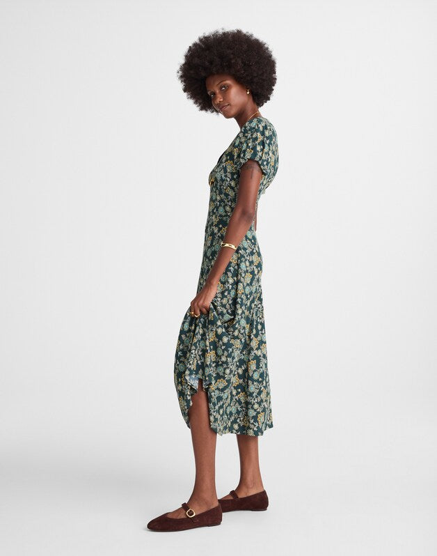 Seamed Puff-Sleeve Midi Dress in Floral MINERAL BLUE