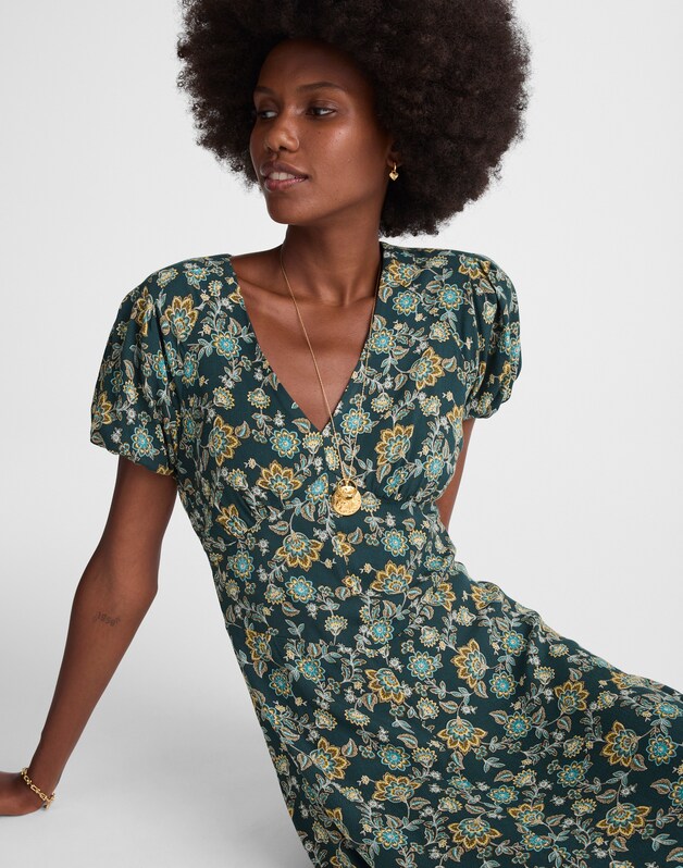 Seamed Puff-Sleeve Midi Dress in Floral MINERAL BLUE