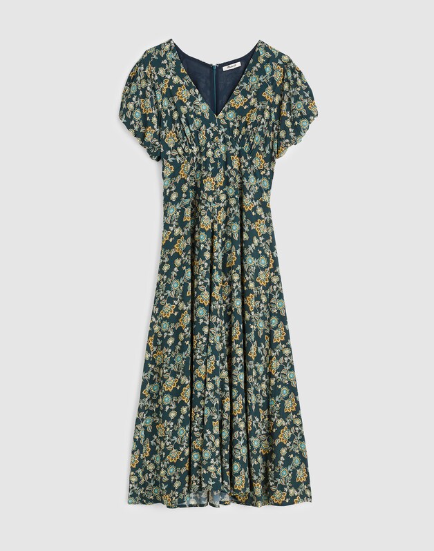 Seamed Puff-Sleeve Midi Dress in Floral MINERAL BLUE