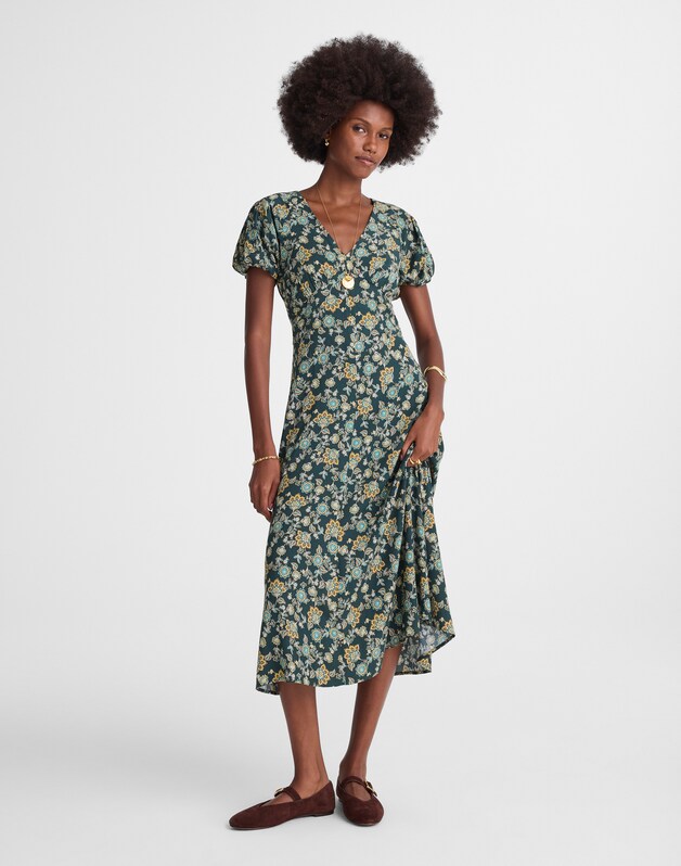 Seamed Puff-Sleeve Midi Dress in Floral MINERAL BLUE