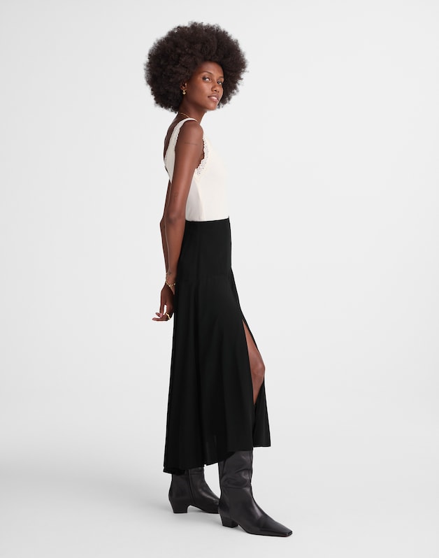 Circle Midi Skirt in Cr&ecirc;pe de Chine JET BLACK