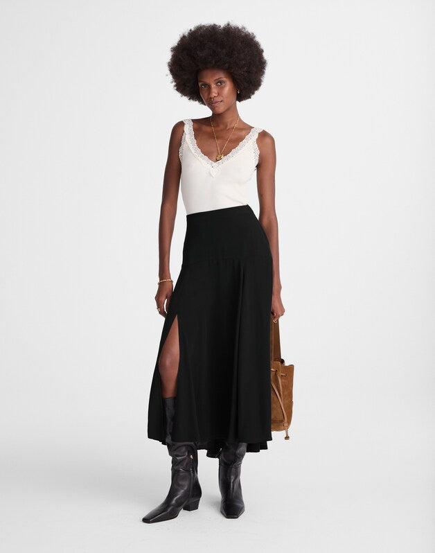 Circle Midi Skirt in Cr&ecirc;pe de Chine JET BLACK