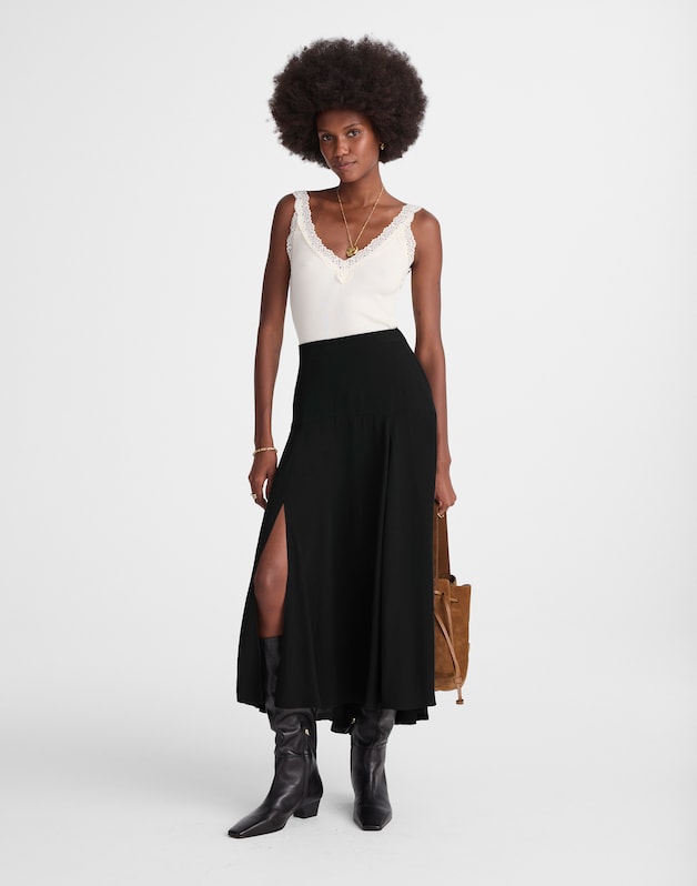 Circle Midi Skirt in Cr&ecirc;pe de Chine JET BLACK