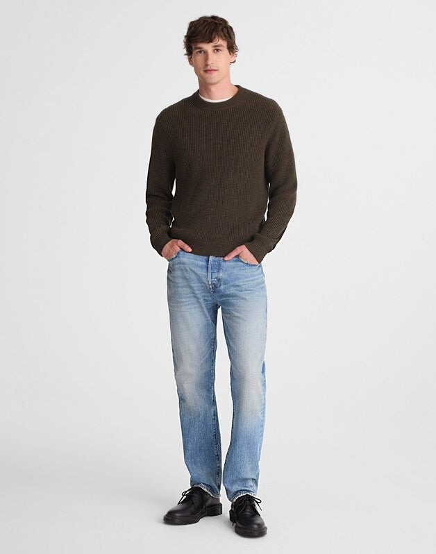 Marled Cotton Shaker-Stitch Crewneck Sweater DARK MOCHA