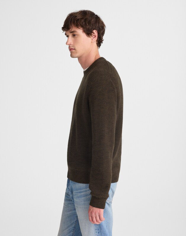 Marled Cotton Shaker-Stitch Crewneck Sweater DARK MOCHA