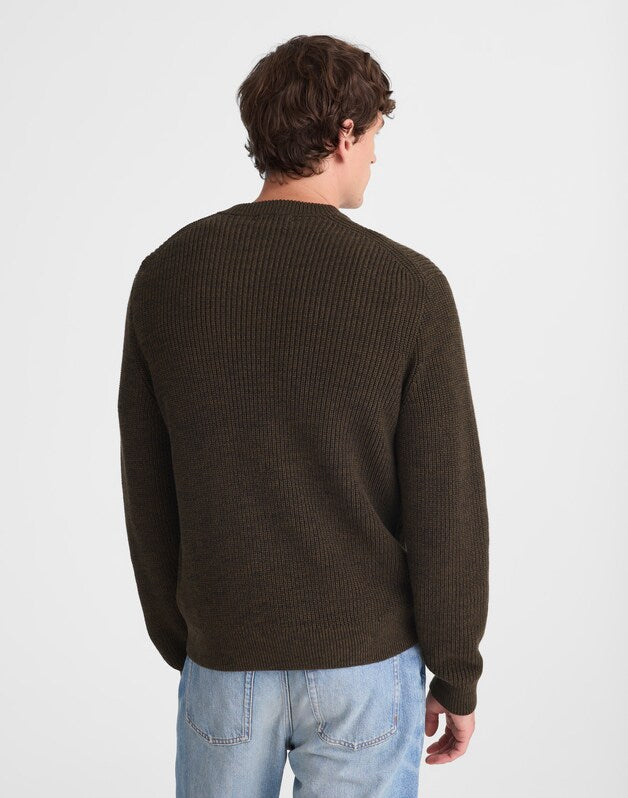 Marled Cotton Shaker-Stitch Crewneck Sweater DARK MOCHA