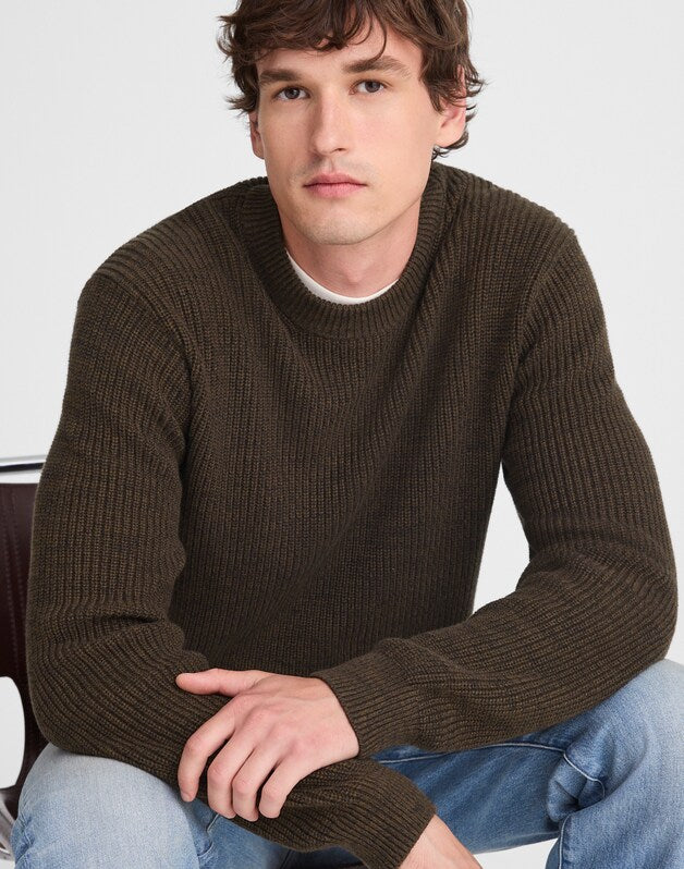 Marled Cotton Shaker-Stitch Crewneck Sweater DARK MOCHA