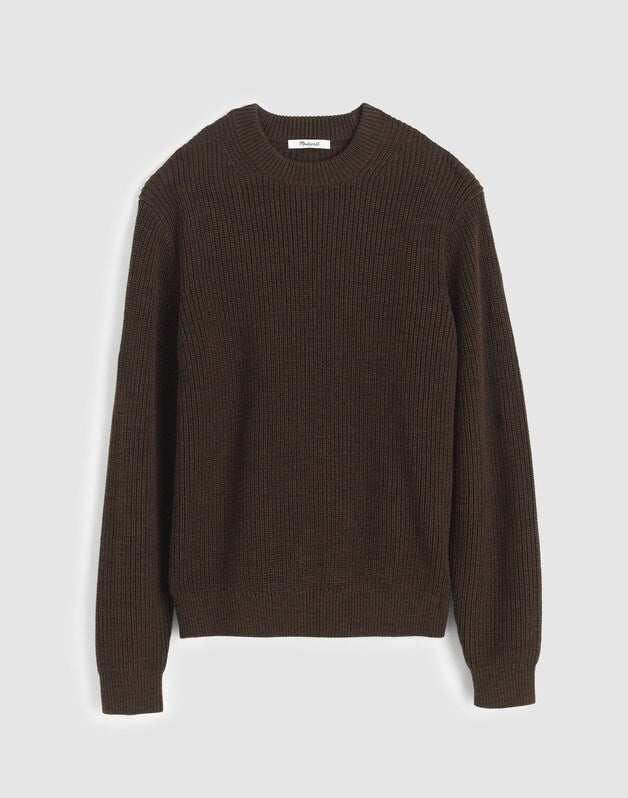 Marled Cotton Shaker-Stitch Crewneck Sweater DARK MOCHA