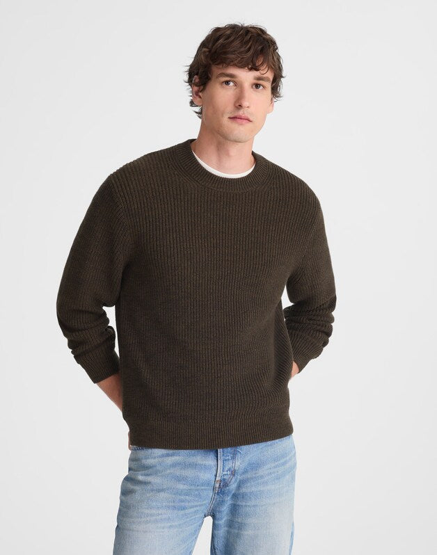 Marled Cotton Shaker-Stitch Crewneck Sweater DARK MOCHA