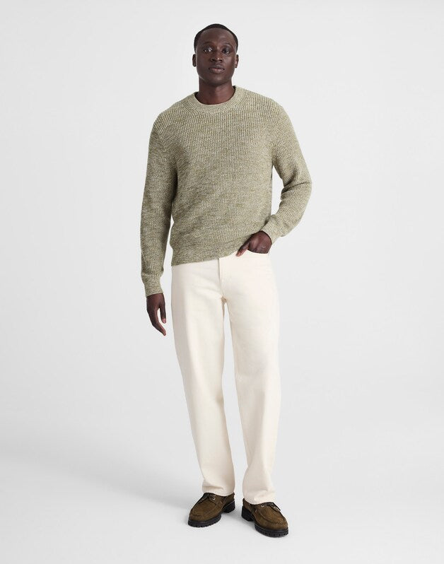 Marled Cotton Shaker-Stitch Crewneck Sweater DUSTY OLIVE