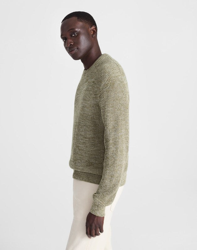 Marled Cotton Shaker-Stitch Crewneck Sweater DUSTY OLIVE