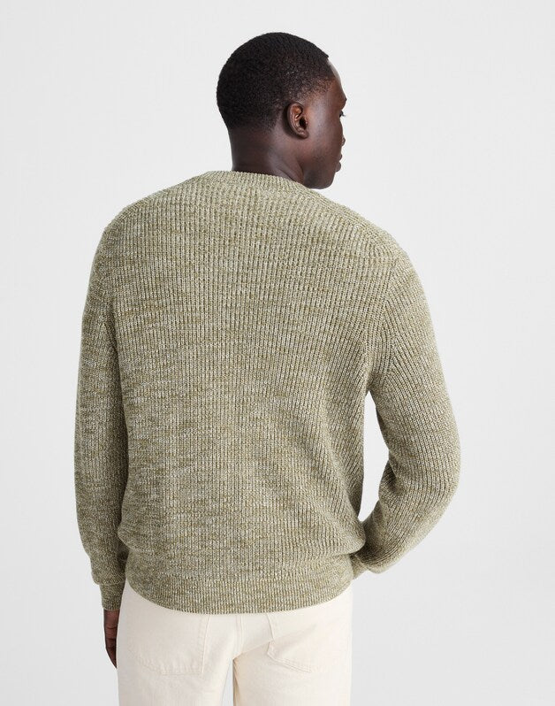Marled Cotton Shaker-Stitch Crewneck Sweater DUSTY OLIVE