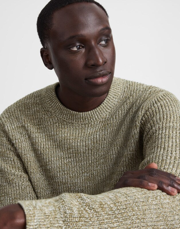Marled Cotton Shaker-Stitch Crewneck Sweater DUSTY OLIVE