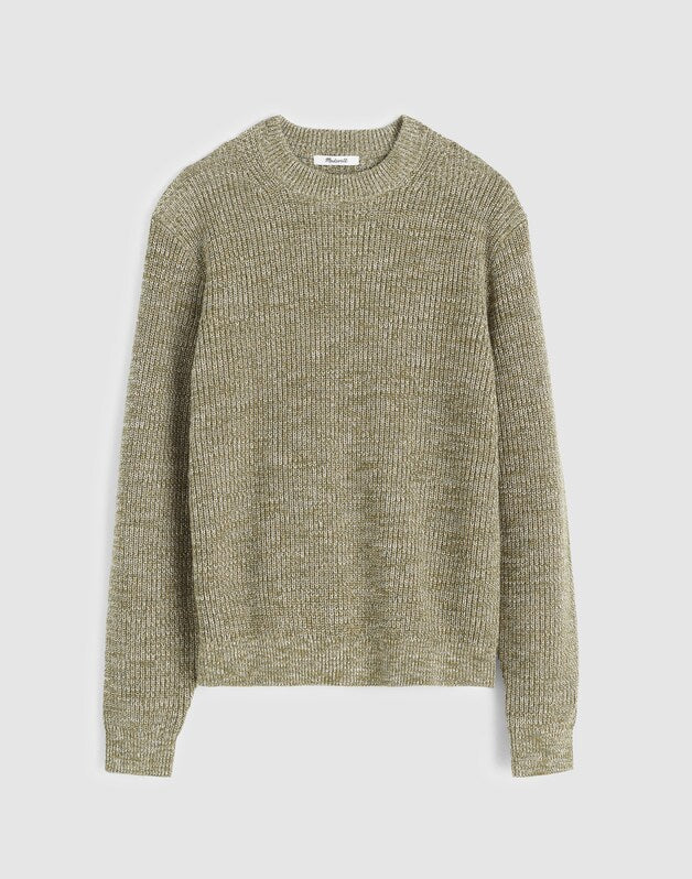 Marled Cotton Shaker-Stitch Crewneck Sweater DUSTY OLIVE