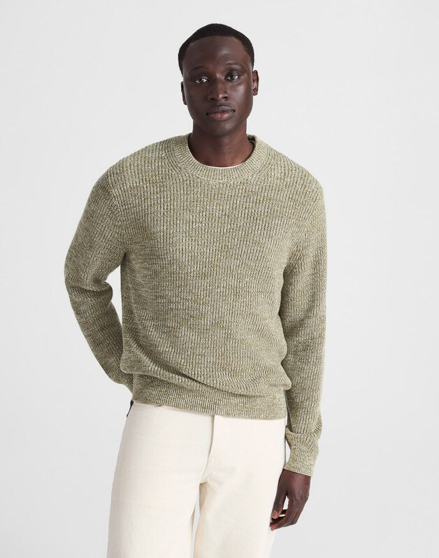 Marled Cotton Shaker-Stitch Crewneck Sweater DUSTY OLIVE