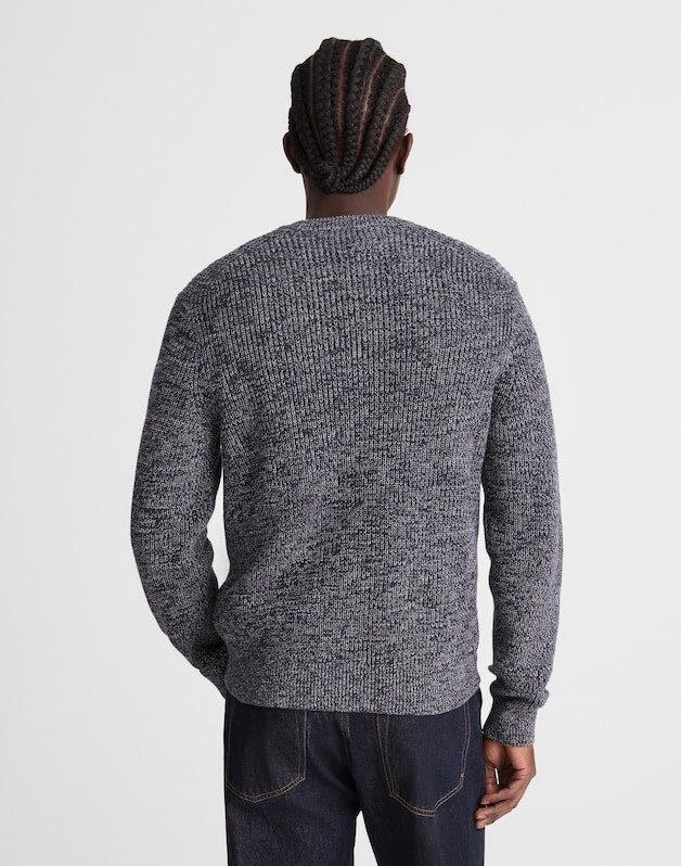 Marled Cotton Shaker-Stitch Crewneck Sweater INK MARL