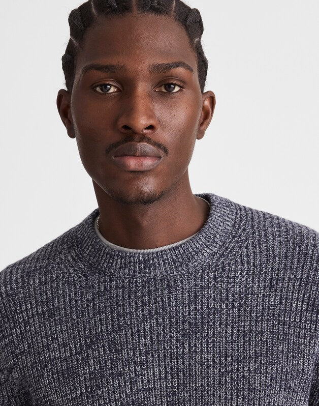Marled Cotton Shaker-Stitch Crewneck Sweater INK MARL