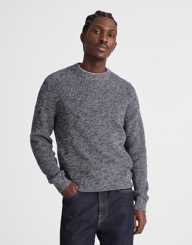 Marled Cotton Shaker-Stitch Crewneck Sweater INK MARL