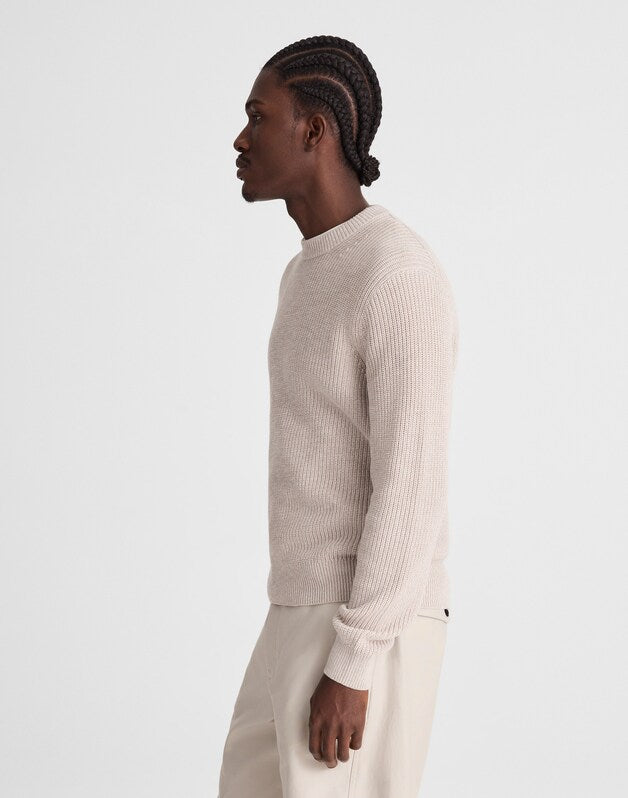 Marled Cotton Shaker-Stitch Crewneck Sweater STONE GREY MARL