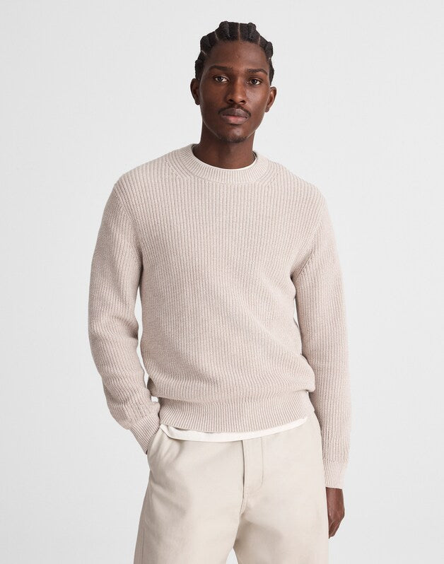 Marled Cotton Shaker-Stitch Crewneck Sweater STONE GREY MARL