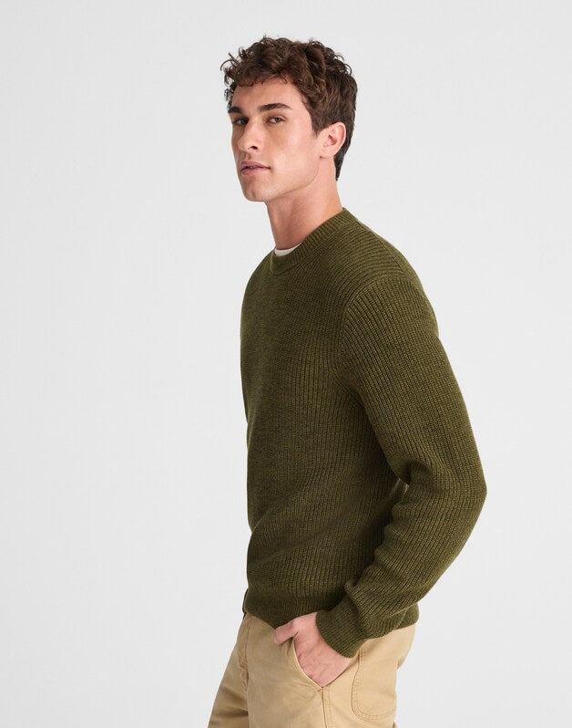 Marled Cotton Shaker-Stitch Crewneck Sweater FOLIAGE GREEN MARL