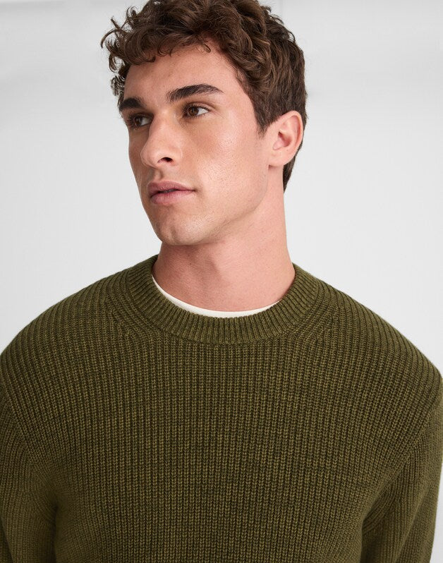 Marled Cotton Shaker-Stitch Crewneck Sweater FOLIAGE GREEN MARL