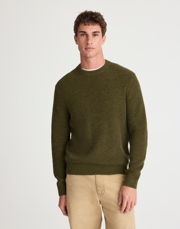 Marled Cotton Shaker-Stitch Crewneck Sweater FOLIAGE GREEN MARL