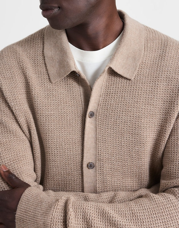 Merino Wool Collared Cardigan HEATHER BROWN