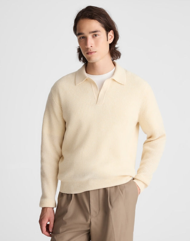 Johnny-Collar Sweater Polo in Heritage Merino Wool BISCUIT