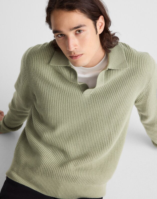 Johnny-Collar Sweater Polo in Heritage Merino Wool DUSTY SAGE