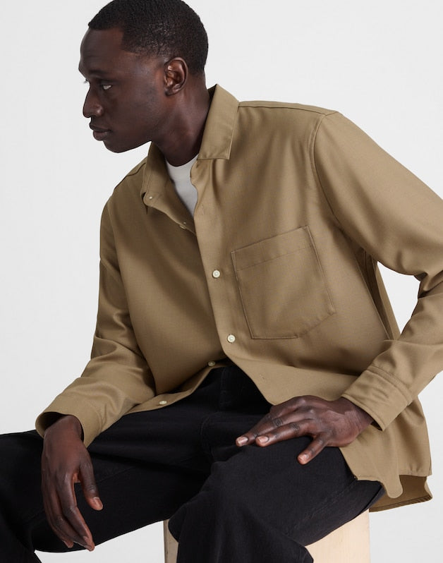 Twill Button-Up Shirt in Wool Blend DESERT BROWN