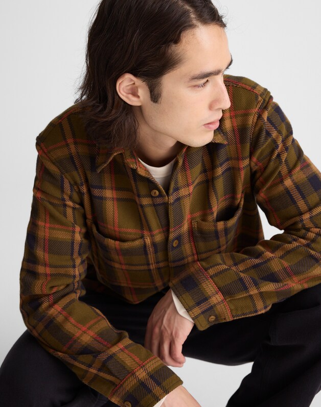 Midweight Flannel Button-Up Shirt OLIVE PLAID