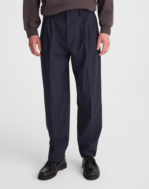 Double-Pleated Twill Trousers in Wool Blend DARKEST NAVY