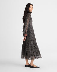 Pleated Puff-Sleeve Maxi Dress in Floral JET BLACK