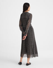 Pleated Puff-Sleeve Maxi Dress in Floral JET BLACK