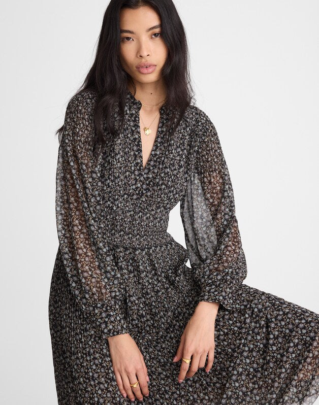 Pleated Puff-Sleeve Maxi Dress in Floral JET BLACK