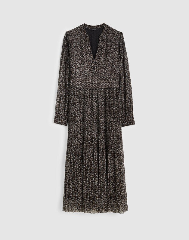 Pleated Puff-Sleeve Maxi Dress in Floral JET BLACK