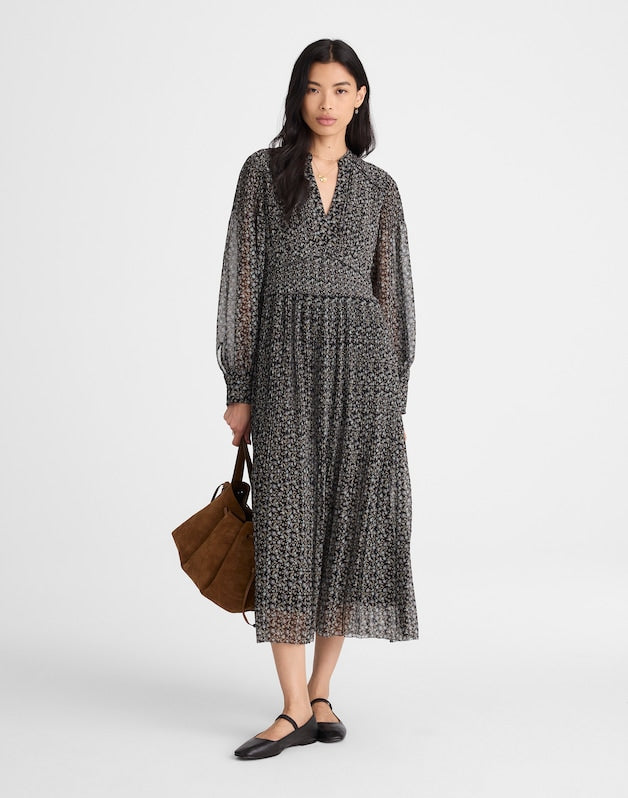Pleated Puff-Sleeve Maxi Dress in Floral JET BLACK