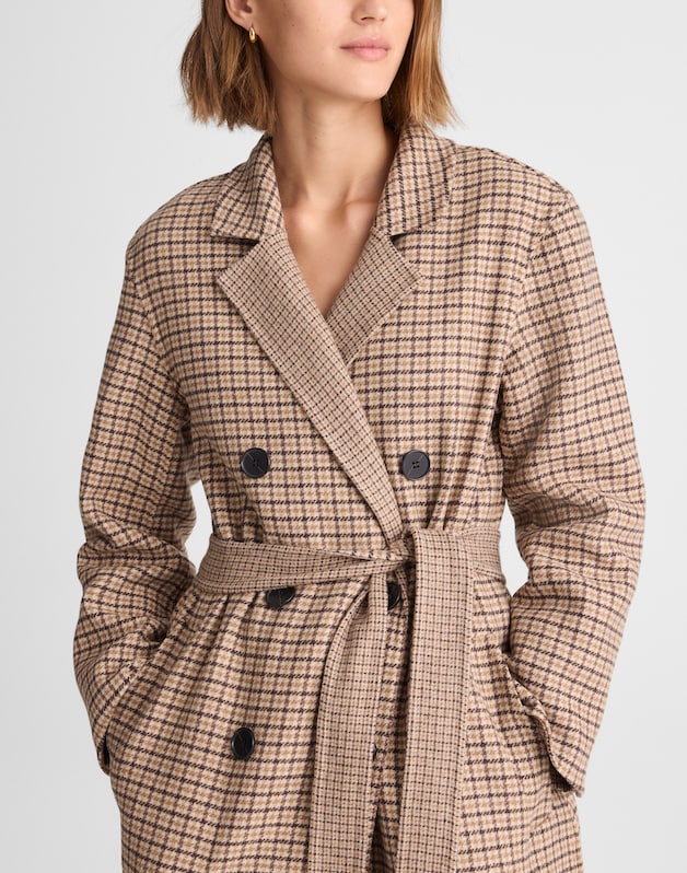 Double-Faced Brushed Long Coat in Houndstooth DARK COCOA