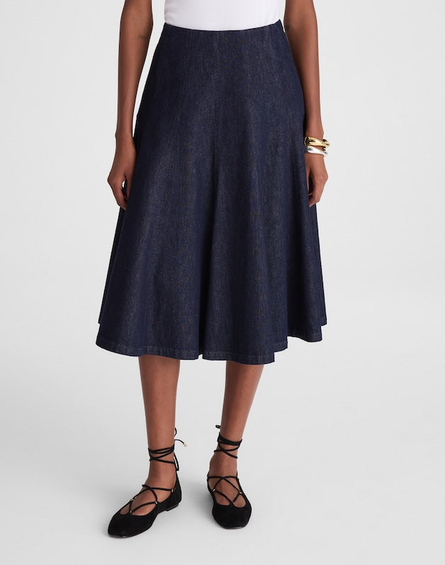 Flared Denim Midi Skirt in Rinse Wash RINSE WASH
