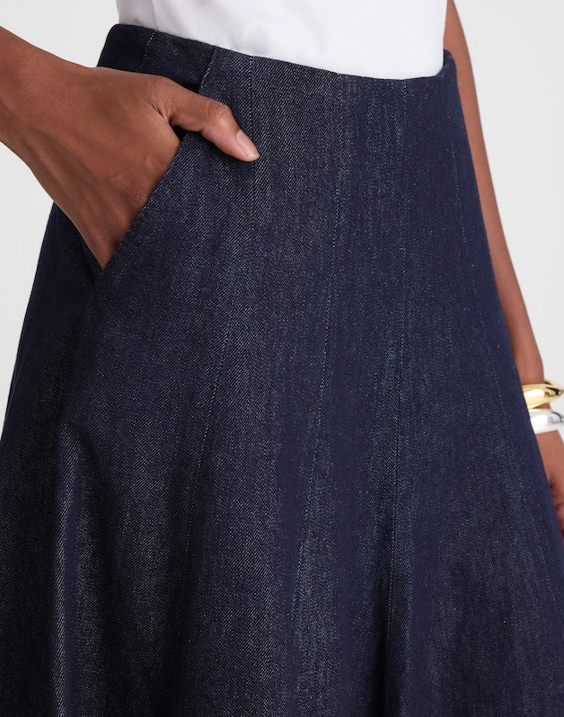 Flared Denim Midi Skirt in Rinse Wash RINSE WASH