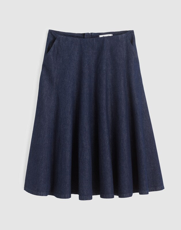 Flared Denim Midi Skirt in Rinse Wash RINSE WASH