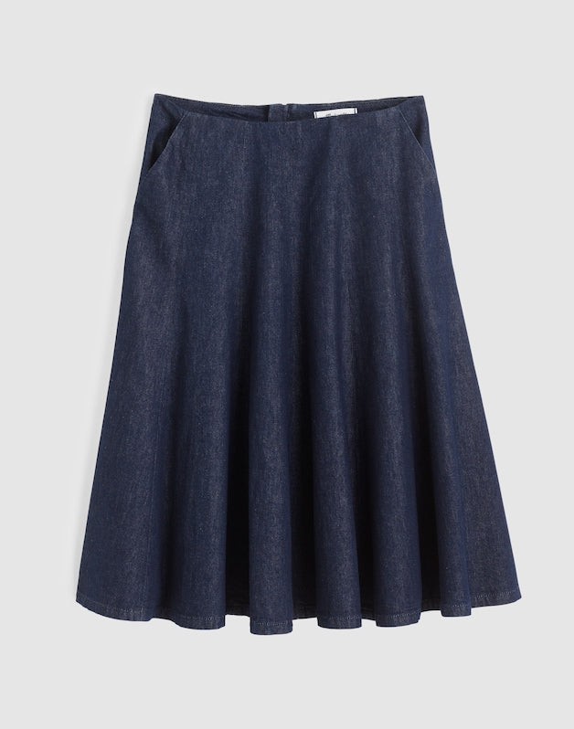 Flared Denim Midi Skirt in Rinse Wash RINSE WASH