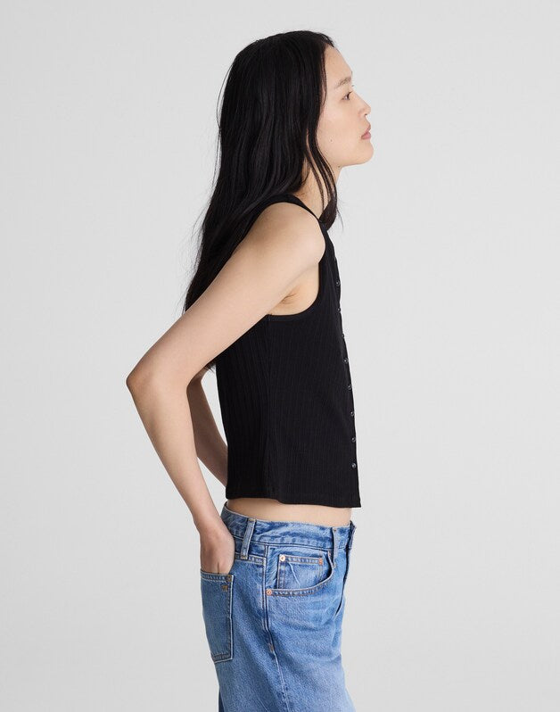 Ribbed Crewneck Shell Top JET BLACK