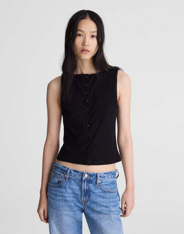 Ribbed Crewneck Shell Top JET BLACK